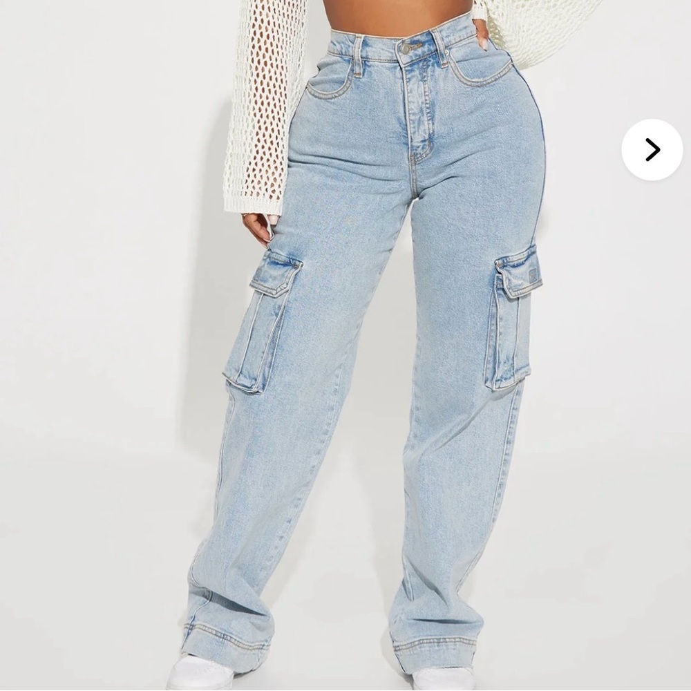 Fashion Nova Light Denim Cargo Flare Jeans